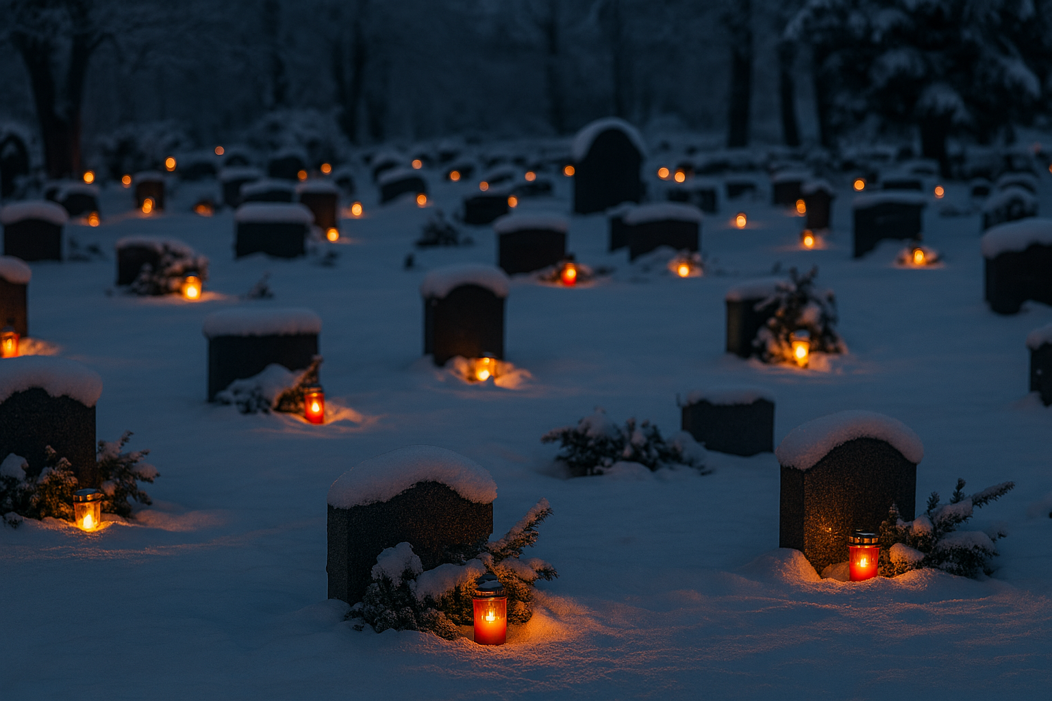 snødekt gravlund i mørket med tente lys